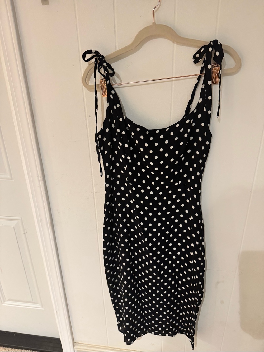 Reformation Besse Black and White Polka Dot Tie-Shoulder Mini Dress